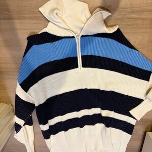 Aerie women’s. Half-Zip Striped Knit Sweater - Blue, Black & White